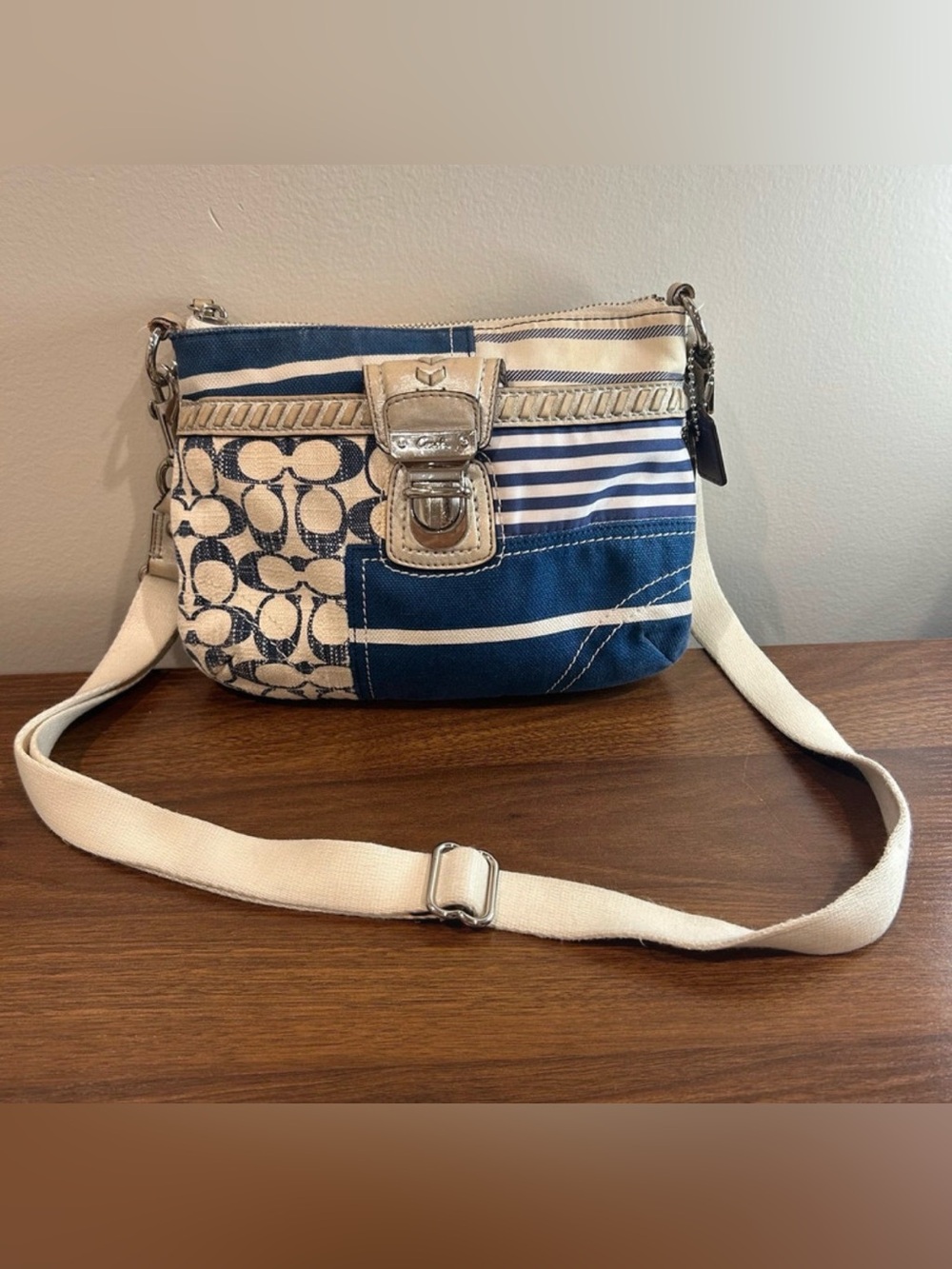 Coach Blue and Cream Patchwork Canvas Crossbody with Silver Hardware